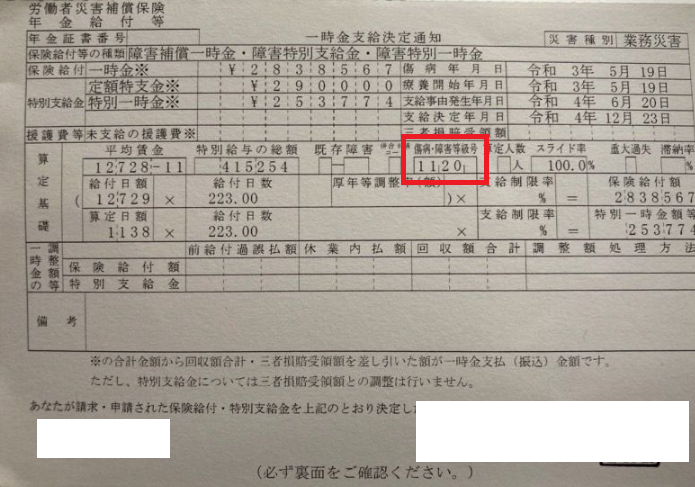 後遺障害等級のお知らせのハガキ